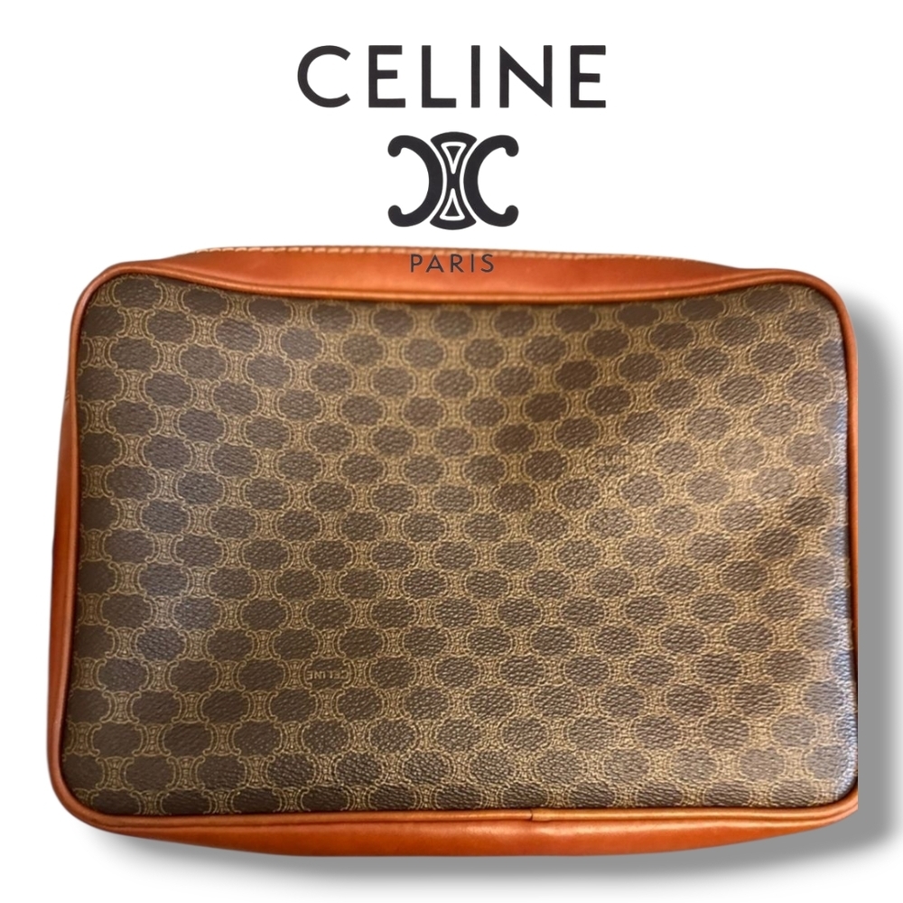 Vintage Celine Y2K Macadam Brown Monogram Clutch Leather Strap Pouch - Picture 3 of 15